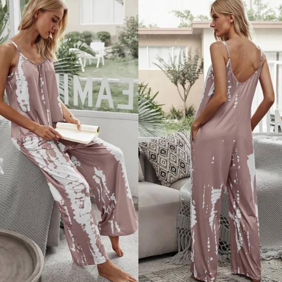 Boho dark gray tie dye wide leg pockets cami jumpsuit - Picture 8 of 11